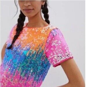 Anthropologie Eva Franco Loretta Sequined Tee Women’s Small Colorful Dopamine